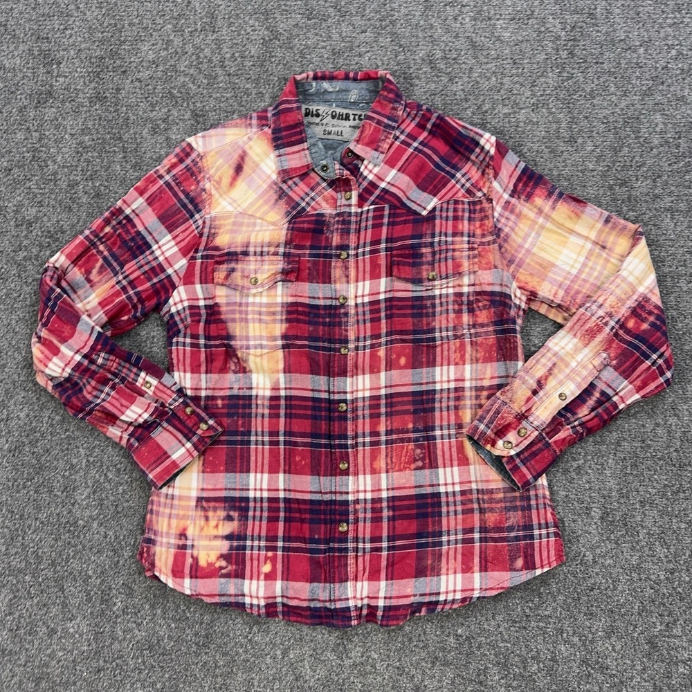 DISOHRTED Shirt Womens S Red Plaid Cotton Flannel Long Sleeve Upcycled Grunge - Picture 1 of 6
